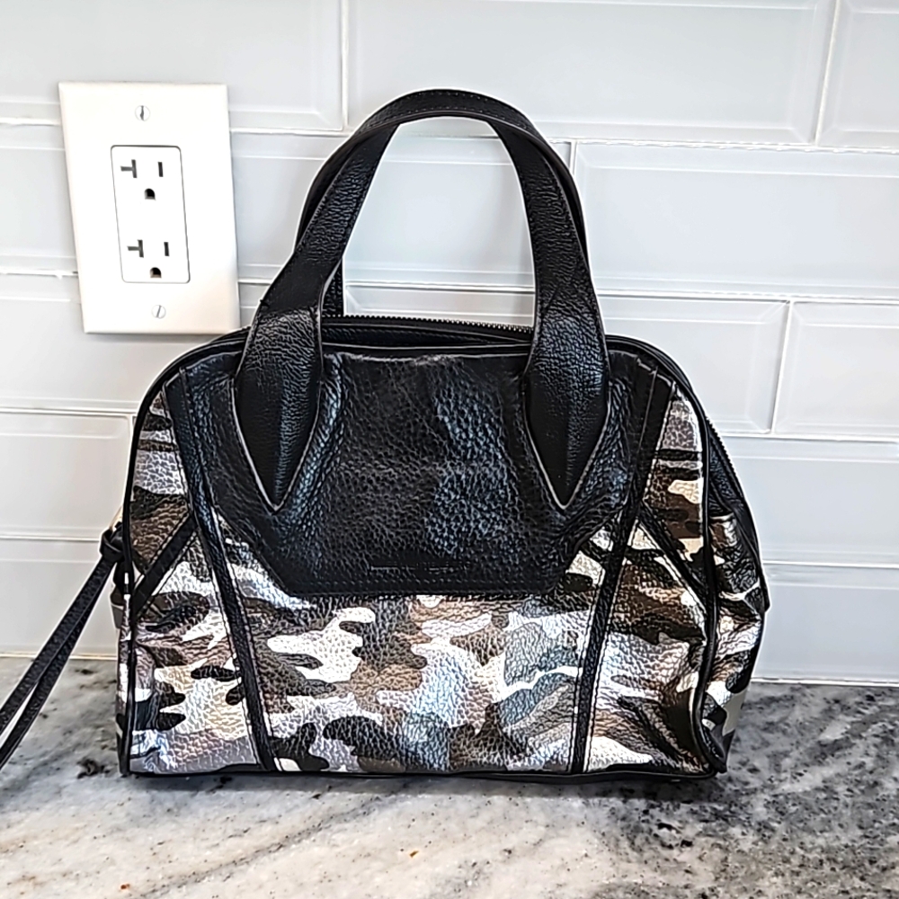 NWOT AIMEE KESTENBERG black silver camo genuine leather shoulder bag